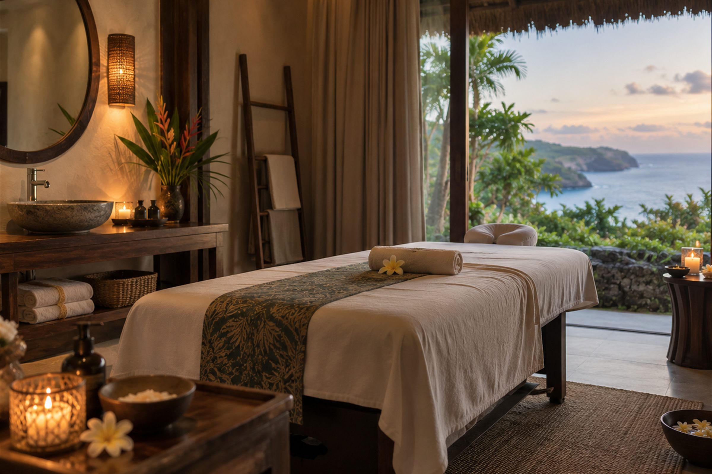 An open-sided Balinese spa pavilion with a made-up massage table looking out to the sea at dusk