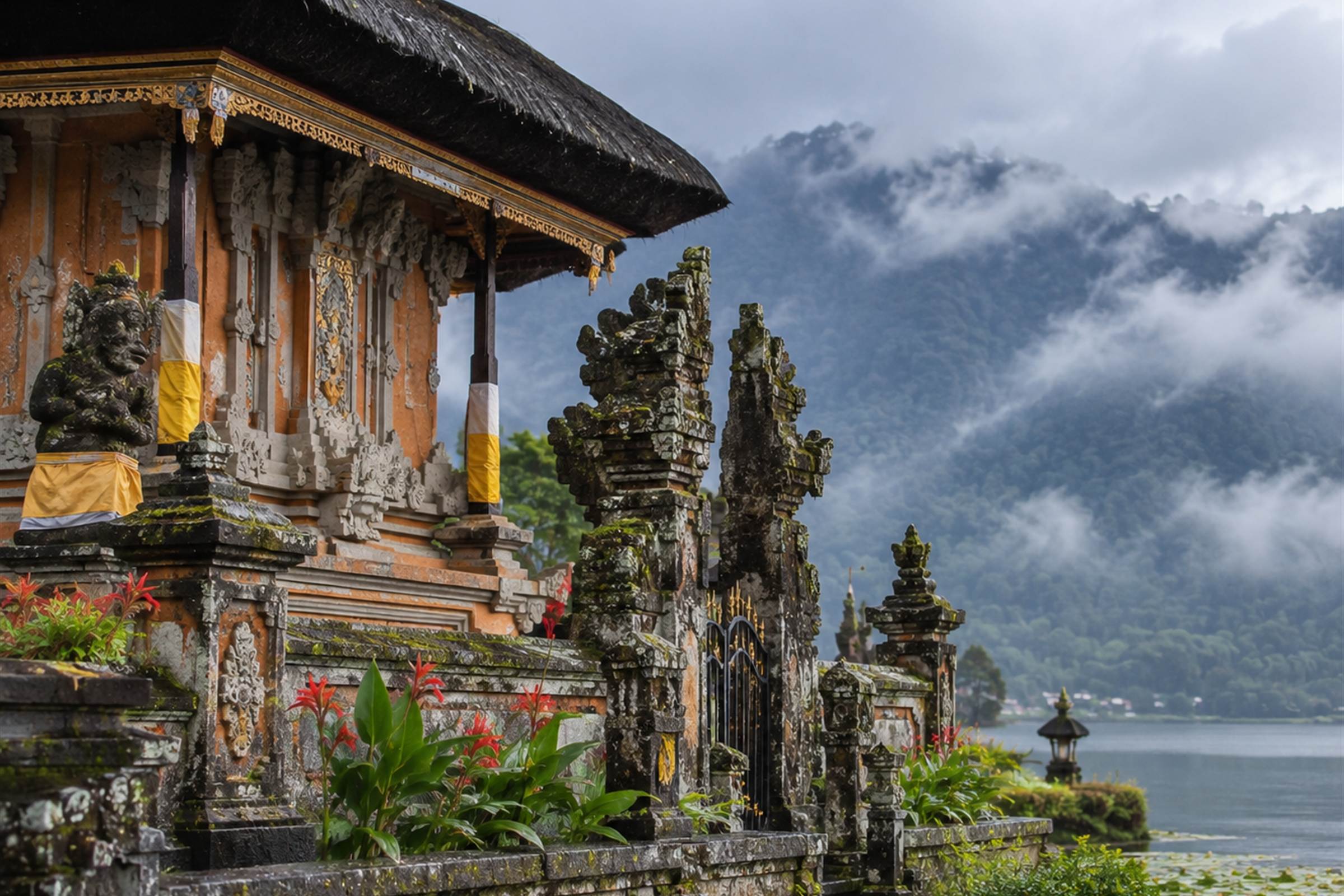 Carved stone shrines and a guardian statue in a yellow sash at the lakeside temple of Ulun Danu Beratan