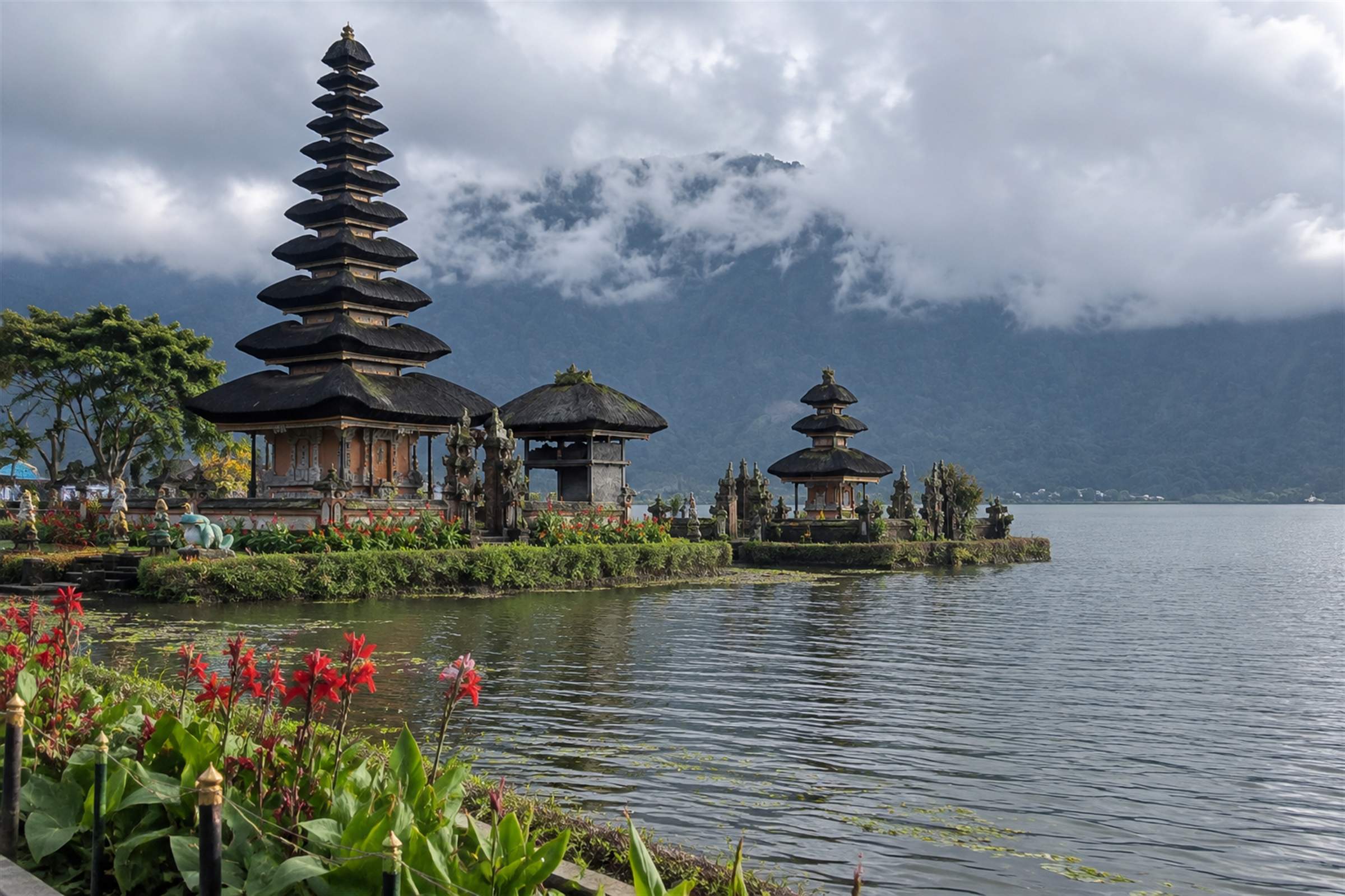 The tiered shrines of Pura Ulun Danu Beratan standing in the water of Lake Beratan