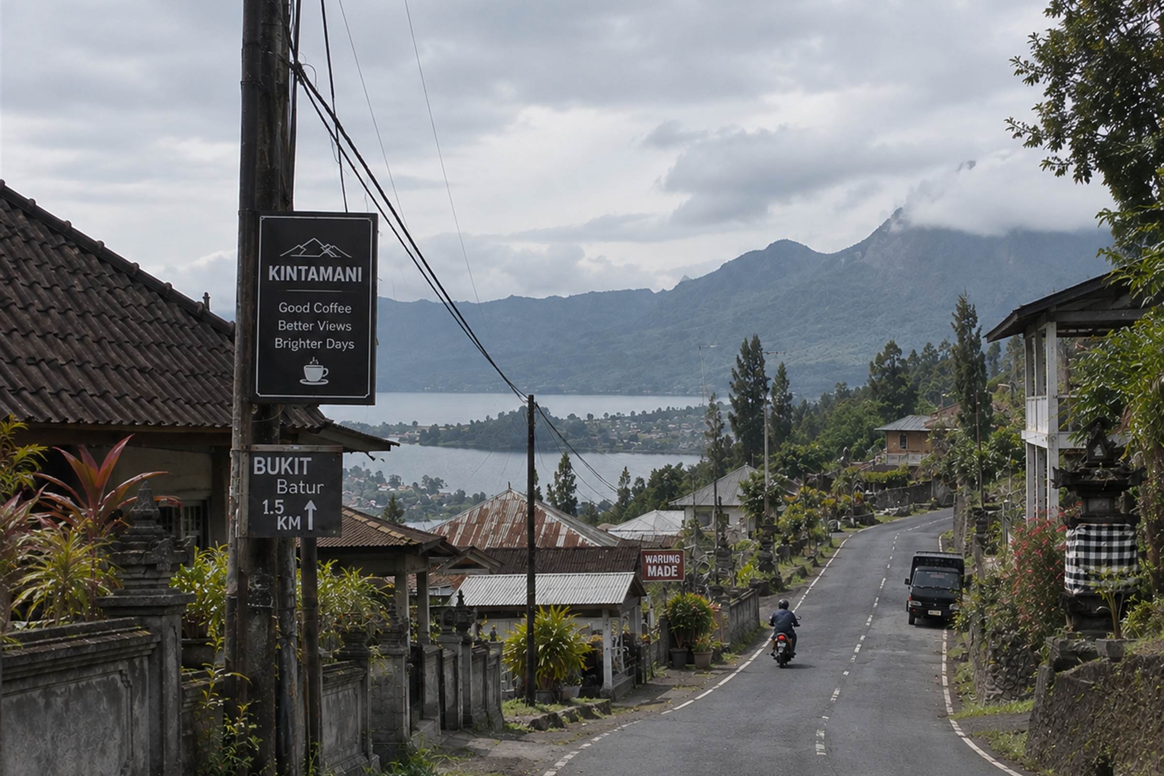 A village road above Lake Batur with a coffee signboard and a warung at the roadside