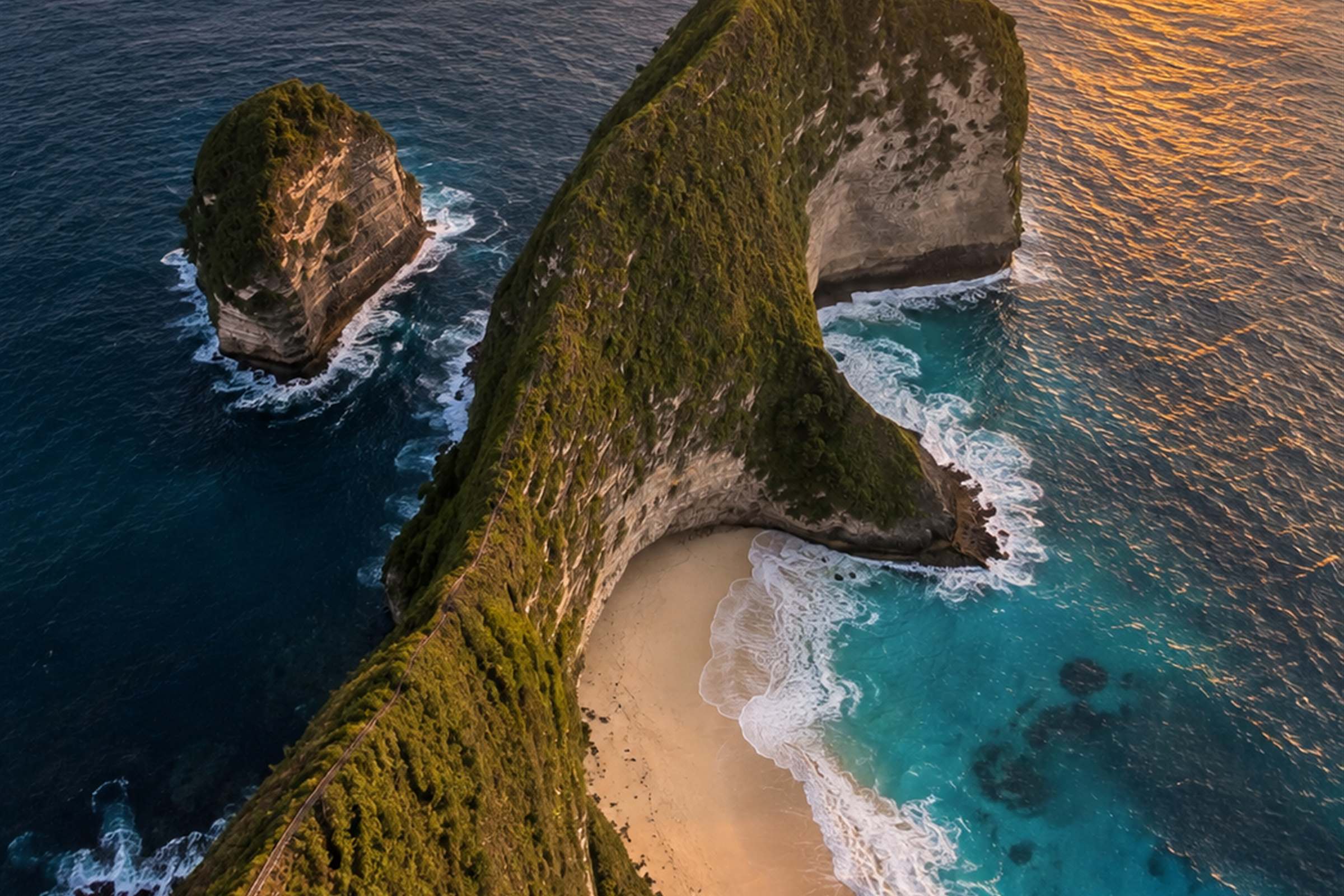 An aerial view of the Kelingking headland on Nusa Penida with the sea turning gold at the end of the day