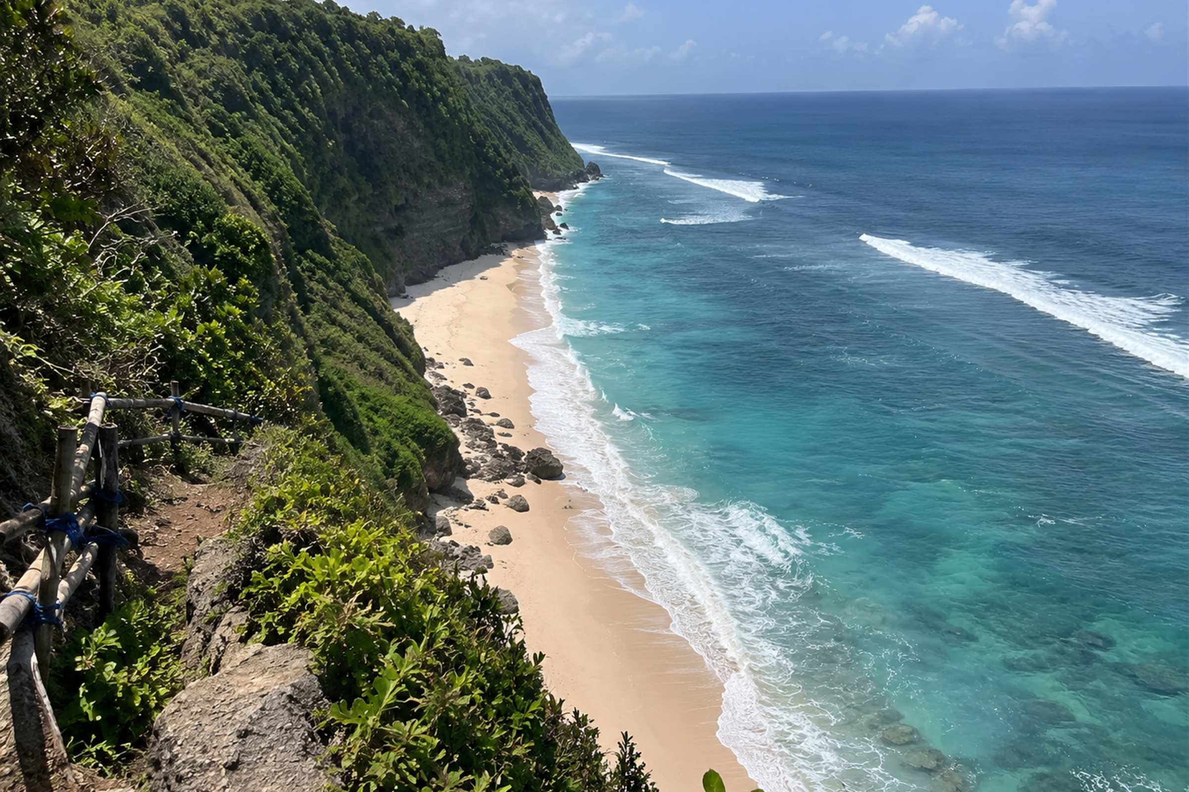 A clifftop path on the Bukit peninsula looking down on an empty sand beach and lines of reef surf