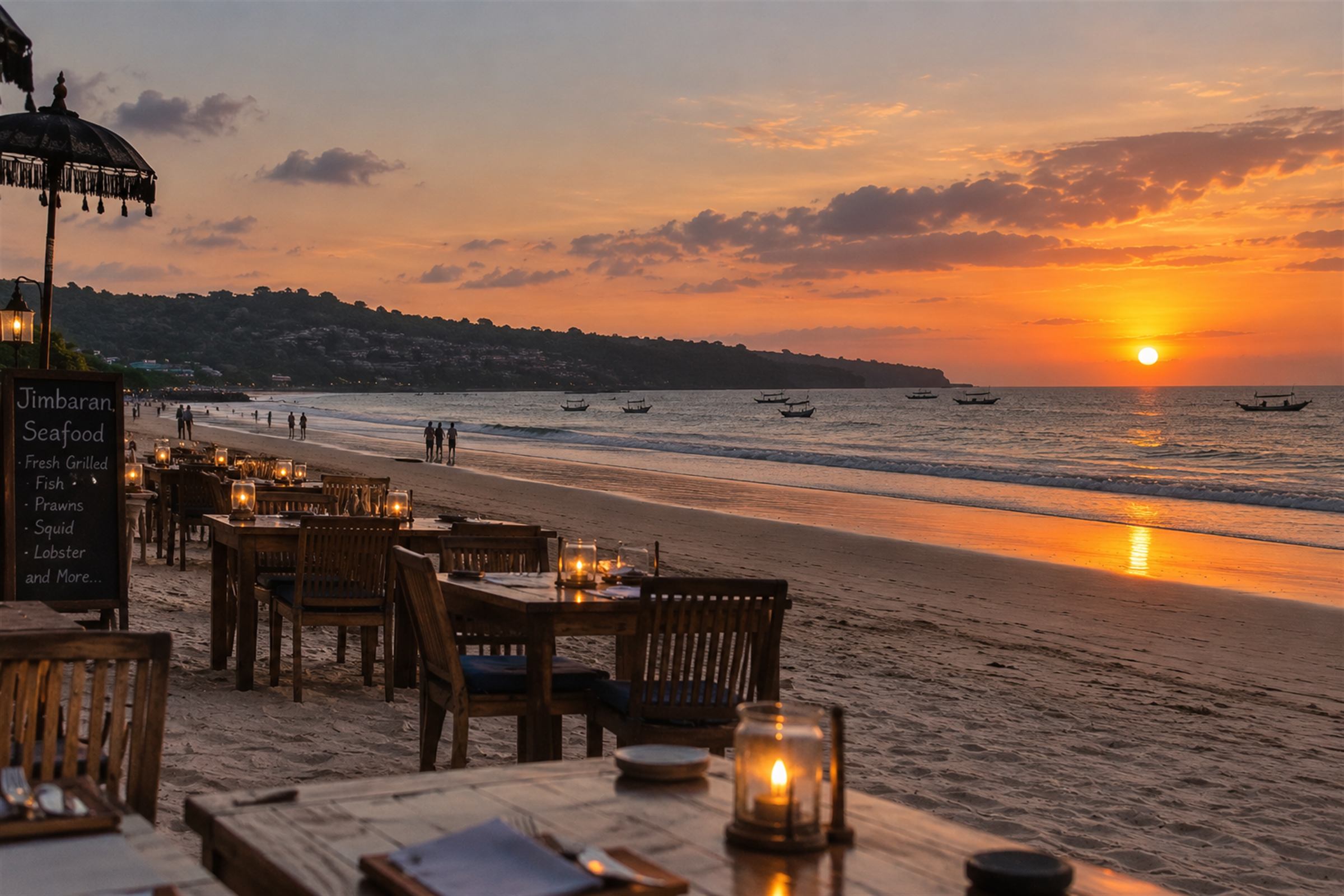 Candlelit tables laid out on the sand at a Jimbaran seafood grill as the sun goes down