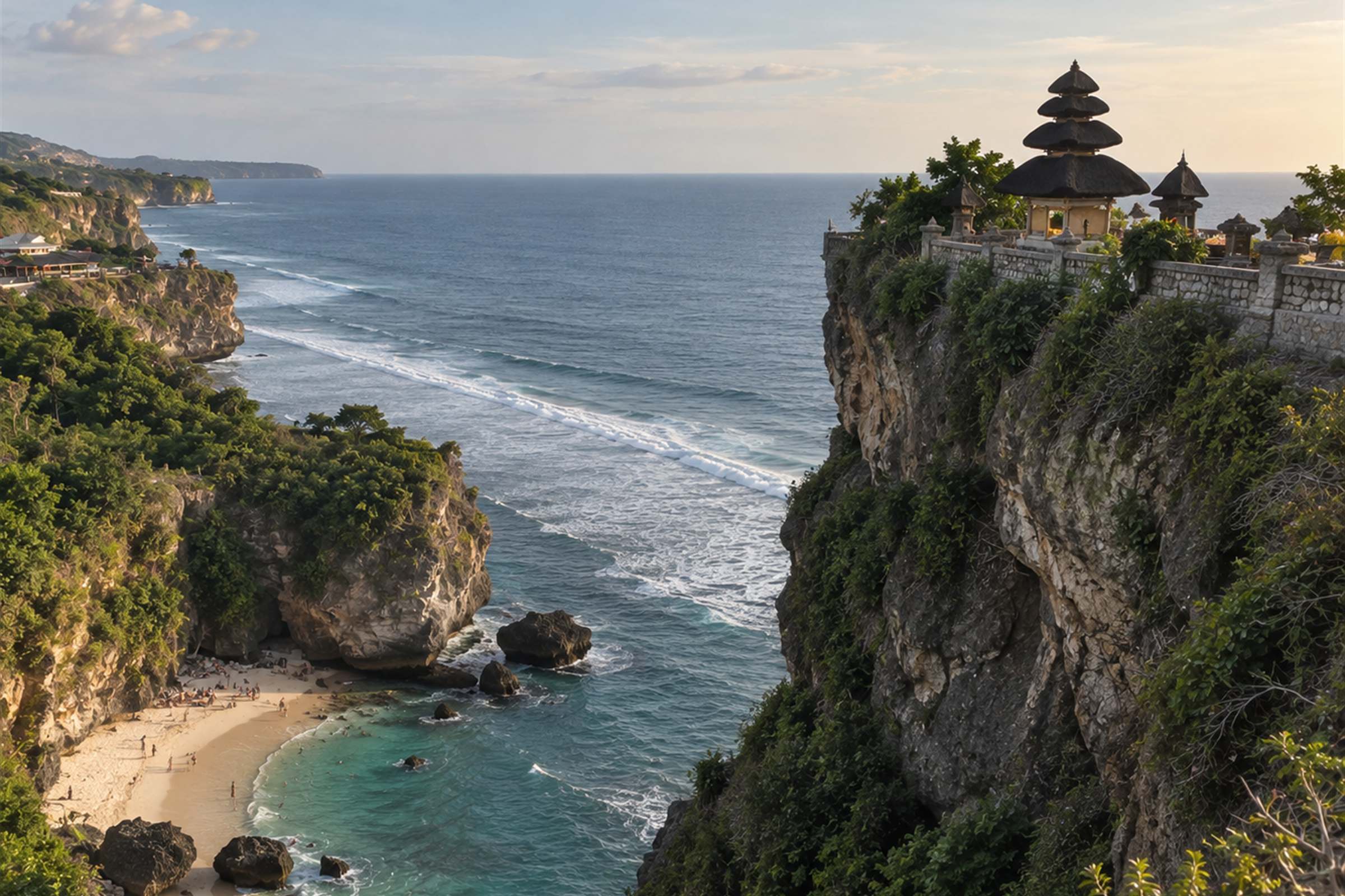 Pura Luhur Uluwatu on its clifftop above the Indian Ocean, with surf breaking on the reef below